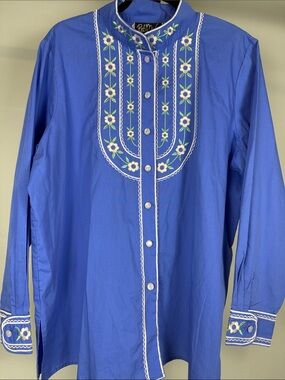 Bob Mackie Embroidered Floral Bib Wearable Art Blue Tunic Blouse Size L EUC